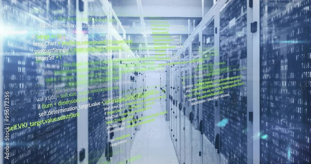 Poster computer code animation over servers in data center