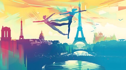 A synchronized diving duo in mid-air, with Paris landmarks, captured in sleek vector design.