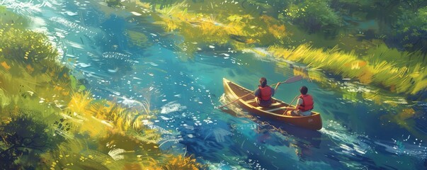 Family canoeing on a serene river in the countryside