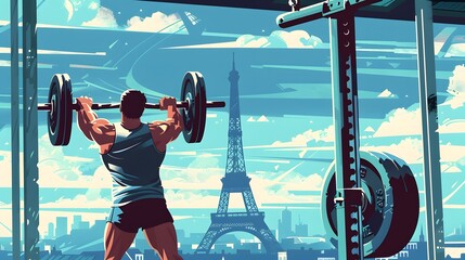 A weightlifter lifting at a Paris venue, with the Eiffel Tower in view, depicted in refined vector graphics.