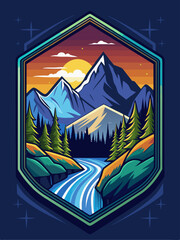 Mountain Range Landscape with a Winding River at Sunset