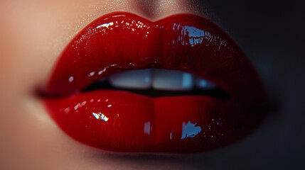 Obraz premium An realistic detailed close-up shot of a pair of luscious, glossy red lips, slightly parted to reveal a hint of teeth, exuding a sense of allure and sophistication. 