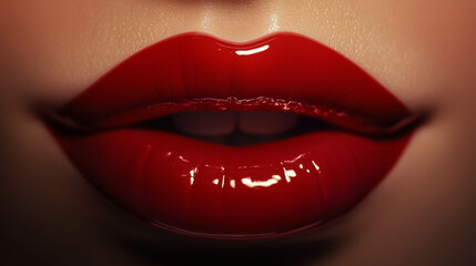 Obraz premium An realistic detailed close-up shot of a pair of luscious, glossy red lips, slightly parted to reveal a hint of teeth, exuding a sense of allure and sophistication. 