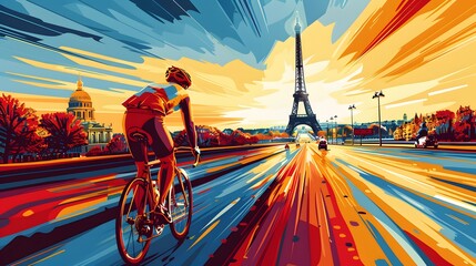 Cyclist Riding Towards the Eiffel Tower in Paris