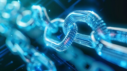 Abstract digital chain link with blue light shining for technology of data security innovation connectivity and modern blockchain power concept.