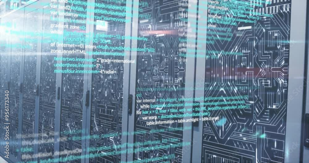 Poster programming code animation over server racks in data center