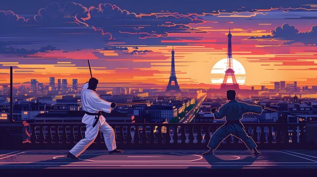A judo match with Paris landmarks in the distance, captured in refined vector design.
