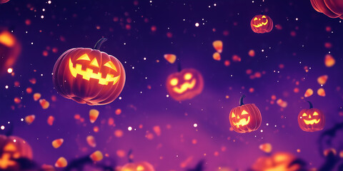 Halloween decor, candy and jack o lantern, 3D background
