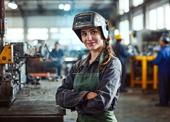 A woman smiles in an apron and welding mask, posing near a table with metal products. Female empowerment.