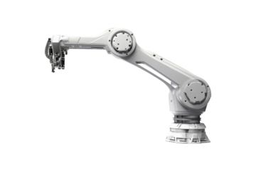 Orange robotic arm with black hoses suitable for technology, manufacturing, automation and engineering projects. White background for professional presentations