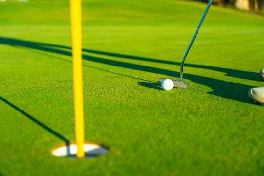 A golf ball and club near cup