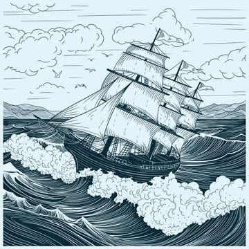 An old sailing ship on the sea waves. Vector drawing isolated on blue background.