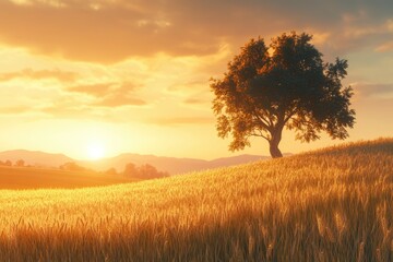 Obraz premium Wheat flied panorama with tree at sunset rural countryside Agriculture