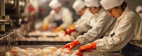 Workers in seafood processing plant sorting fresh produce