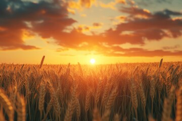 Fototapeta premium Sunset wheat field with rich harvest theme.