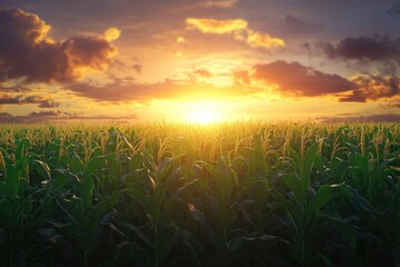 Beautiful sunset over the green large corn field