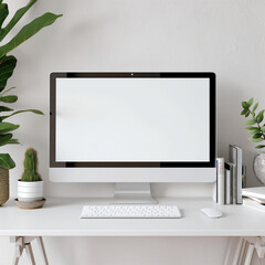 Fototapeta premium A computer monitor sits on a desk with a keyboard and mouse