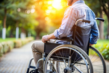Obraz premium Man in wheelchair in a park on a sunny day