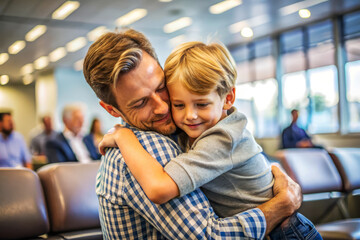 Father And Son Embrace In Airport Waiting Area