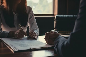 A female lawyer conducting a deposition. She’s questioning a witness in a formal setting with legal documentation present