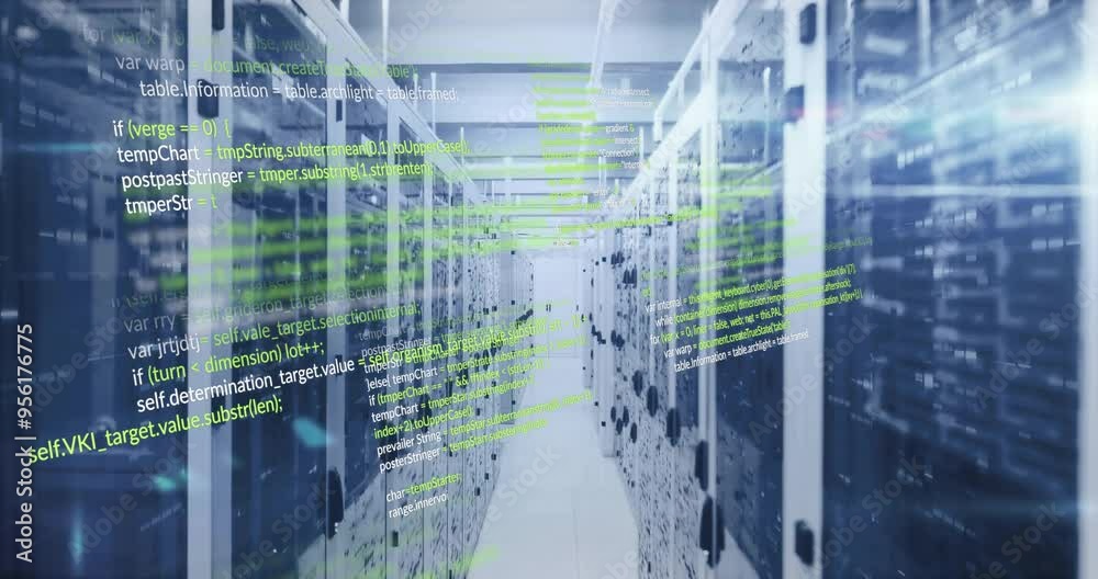 Poster computer code animation over servers in data center