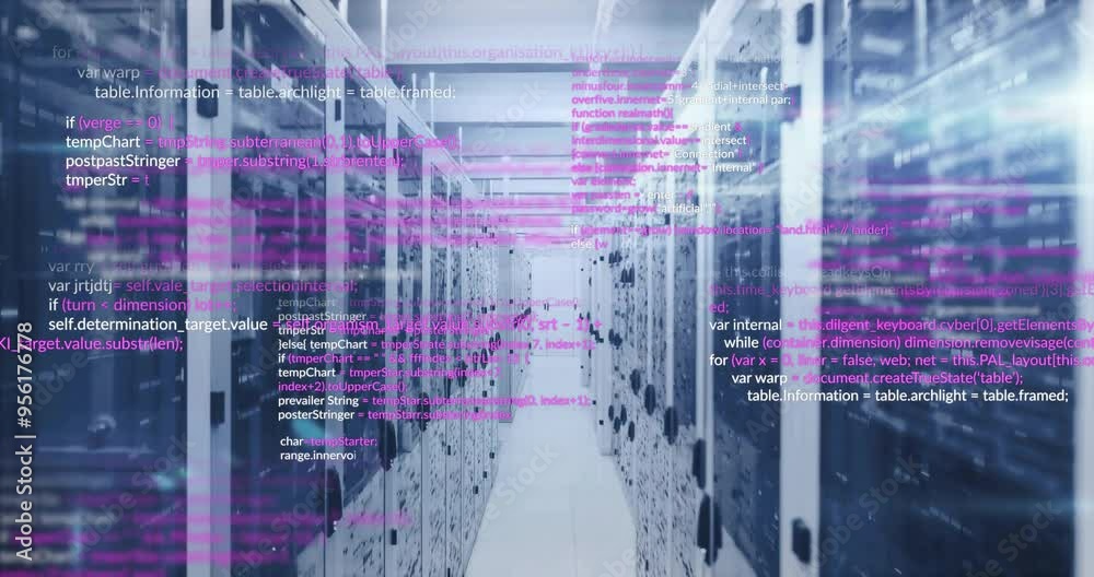 Aufkleber computer code animation over server racks in data center