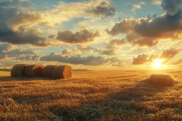 Autumn field with haystacks at sunrise or sunset. Rural landscape.