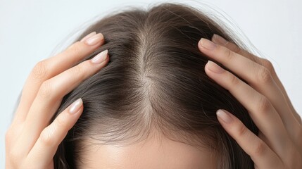 Fototapeta premium Hair loss concept. A close-up of the woman's hands touching her hair shows signs of thinning and sparse areas on the top of her head. on a white background.