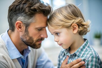 Fototapeta premium Tender Moment Between Father And Son. A Close-Up Of A Man And A Young Boy Touching Foreheads, Showing A Loving Bond.
