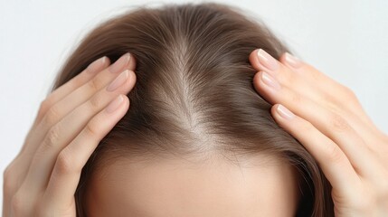 Naklejka premium Hair loss concept. A close-up of the woman's hands touching her hair shows signs of thinning and sparse areas on the top of her head. on a white background.