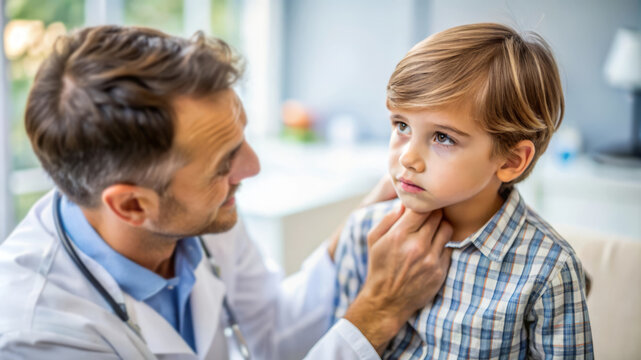 Doctor Examining A Young Boy'S Throat.  Medical Checkup, Healthcare, Pediatric.