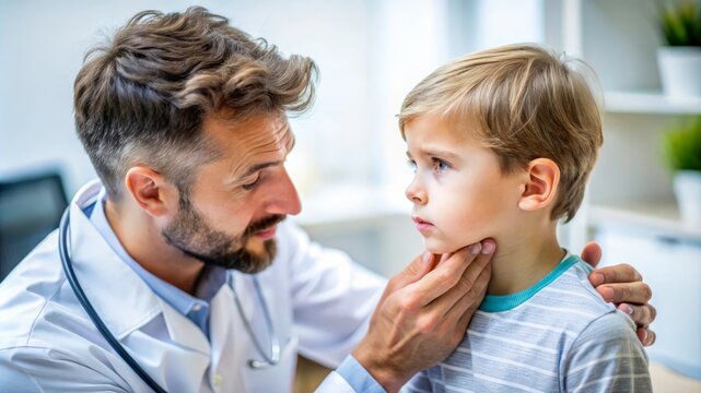 Doctor Examining A Young Boy'S Throat. Medical Checkup, Healthcare, Pediatrician.