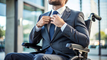 Businessman in a wheelchair adjusting his tie.  success, determination, disability.