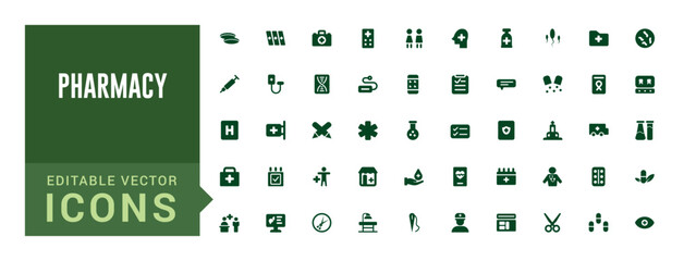 Pharmacy icons set. Editable vector icon collections. Filled icon set, vector illustration. Solid icon set. Glyph icon set for web and ui. Editable stroke.