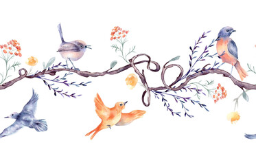 Colorful birds on vine of heart shape by watercolor seamless banner isolated. Romantic branch with delicate flowers on repeating border hand drawn. Avian pattern with floral elements for textile