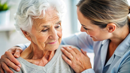 Compassionate Caregiver:  A Young Woman Comforts An Elderly Woman With A Gentle Touch, Showing Empathy And Support.