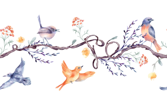 Colorful birds on vine of heart shape by watercolor seamless banner isolated. Romantic branch with delicate flowers on repeating border hand drawn. Avian pattern with floral elements for textile