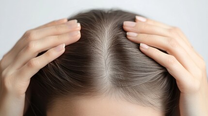 Naklejka premium Hair loss concept. A close-up of the woman's hands touching her hair shows signs of thinning and sparse areas on the top of her head. on a white background.