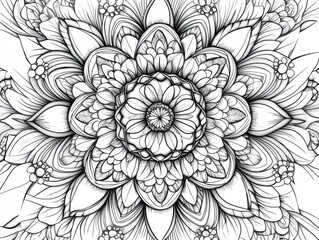 Line art mandala design featuring an abstract floral pattern in black and white perfect for decorative wallpaper