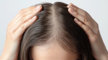Naklejka premium Hair loss concept. A close-up of the woman's hands touching her hair shows signs of thinning and sparse areas on the top of her head. on a white background.