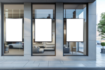 Three white signs are displayed on the windows of a building, Mockups, Transparent PNG