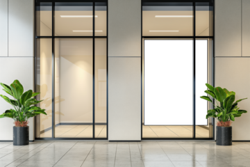 Two glass doors with a white sign in the middle, Mockups, Transparent PNG