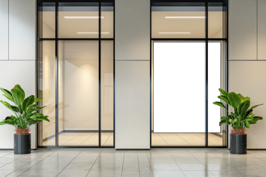 Two glass doors with a white sign in the middle, Mockups, Transparent PNG - Powered by Adobe