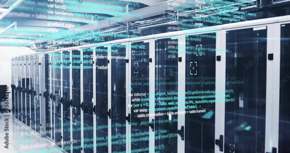 Poster computer code animation over server racks in data center