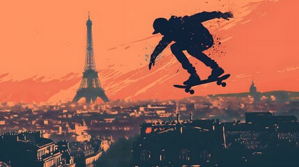A skateboarder performing tricks, with the Eiffel Tower visible, illustrated in modern vector art.