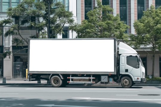 A white truck with a large white sign on the side of it, Mockups, Transparent PNG