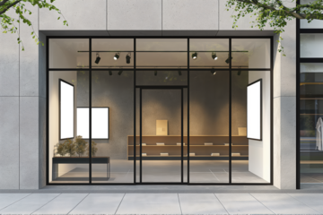 A store front with a large window and a white sign on the wall, Mockups, Transparent PNG