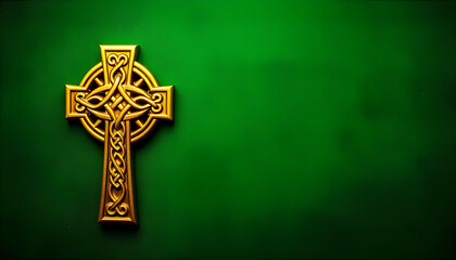 A golden Celtic cross with intricate knot patterns against a vibrant green background