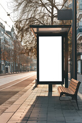 A white billboard sits on a sidewalk next to a bench, Mockups, Transparent PNG