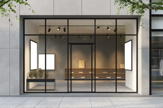 A store front with a large window and a white sign on the wall, Mockups, Transparent PNG - Powered by Adobe